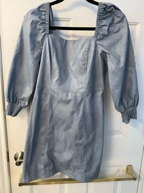 7 For All Mankind Faux Leather Light Blue Puff-Sleeve Mini Dress